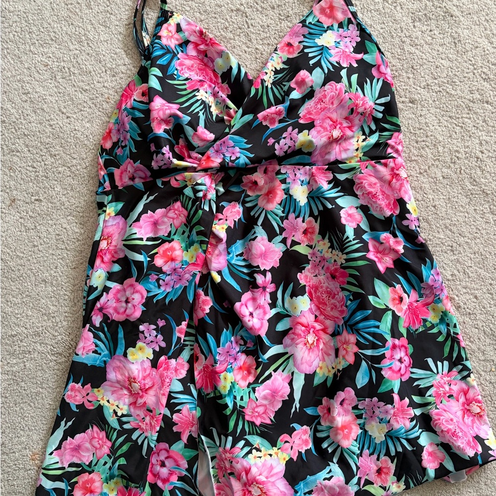 Floral Black Pink Maternity Swim Dress